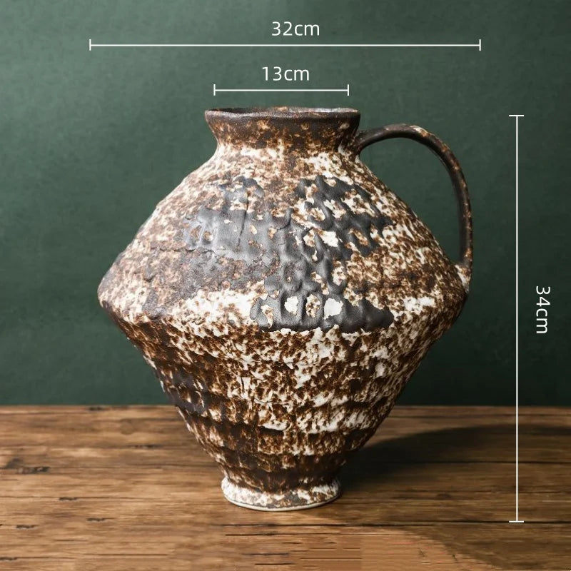 vase moderne rustique blanc marron vert marbré gratté opaques poignée décoration floral arrangement table