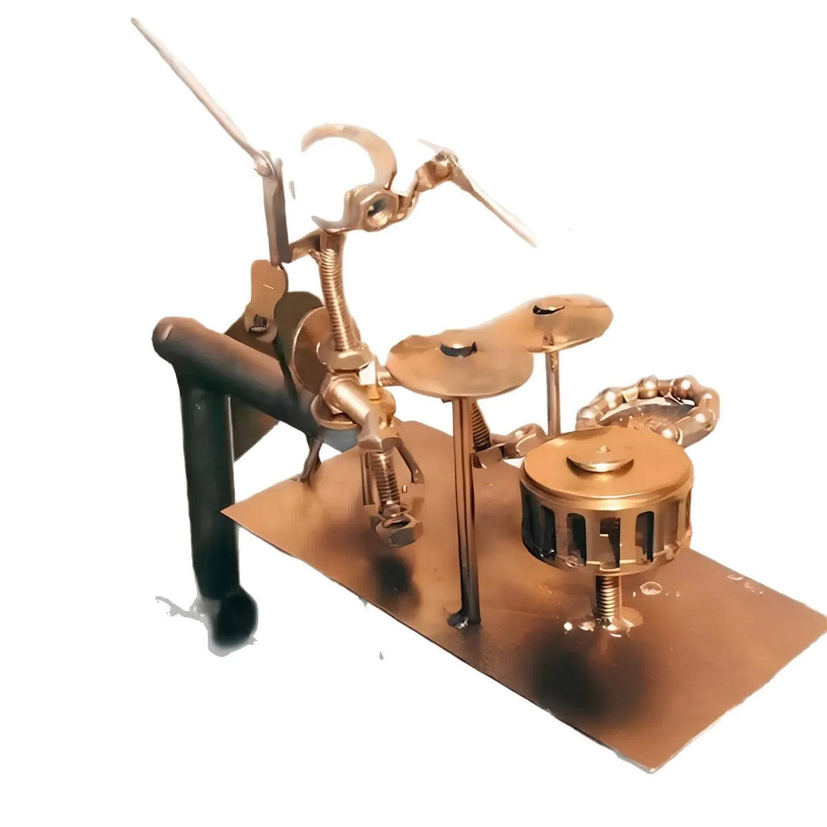 sculpture artistique steampunk musicien batterie métal bronze industrielleextérieur patio decoration