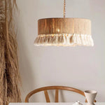 lampe suspendue moderne bohème tissu tressé franges blanches 40cm beige blanc