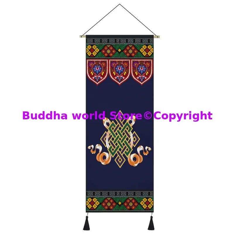 tapisserie bouddhiste ornements religieux symboles géométriques bleu multicolore crochets métalliques