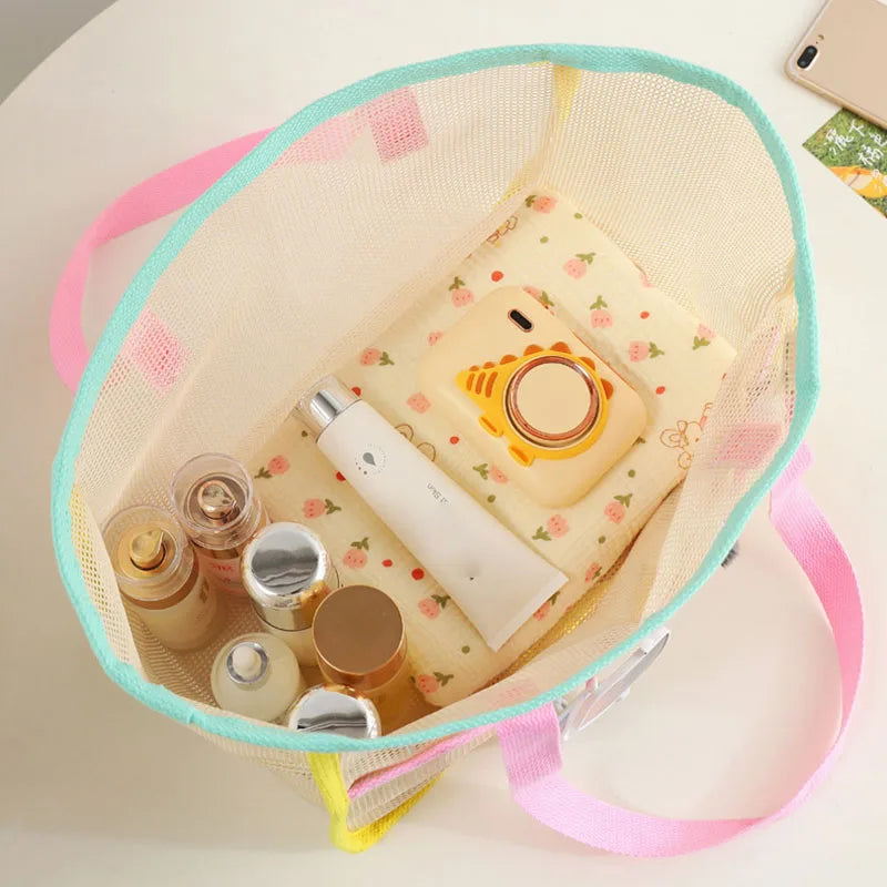sac plage maille transparent décontracté multi usages pliables polyestère rose beige ventilateur cosmétique lunettes