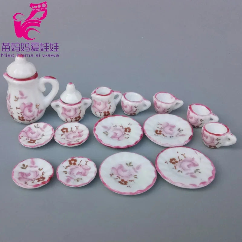 service thé miniature blanc doré rose bleu vert fleurs classique tasse théière soucoupe assiette