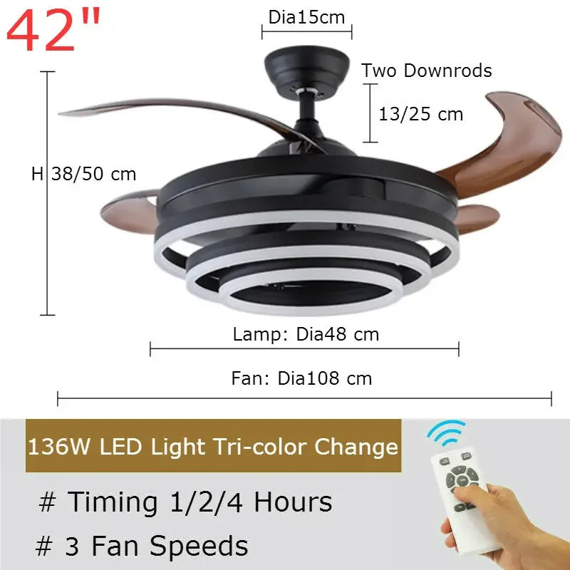 ventilateur led noir doré moderne télécommande 42 pouces rétractable contemporain