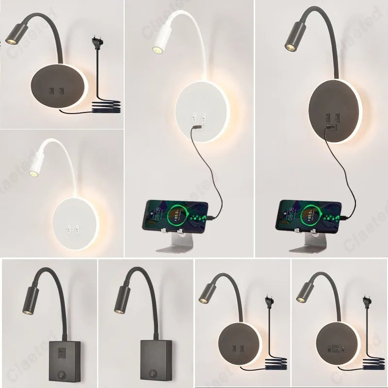 lampe murale flexible moderne noir blanc éclairage cuisine salle manger prise électrique led.angle réglable