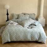 ensemble literie coton lin bleu gris motifs floraux drap plat taies oreillers vintage douillet