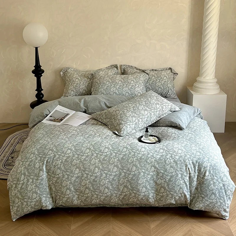 ensemble literie coton lin bleu gris motifs floraux drap plat taies oreillers vintage douillet