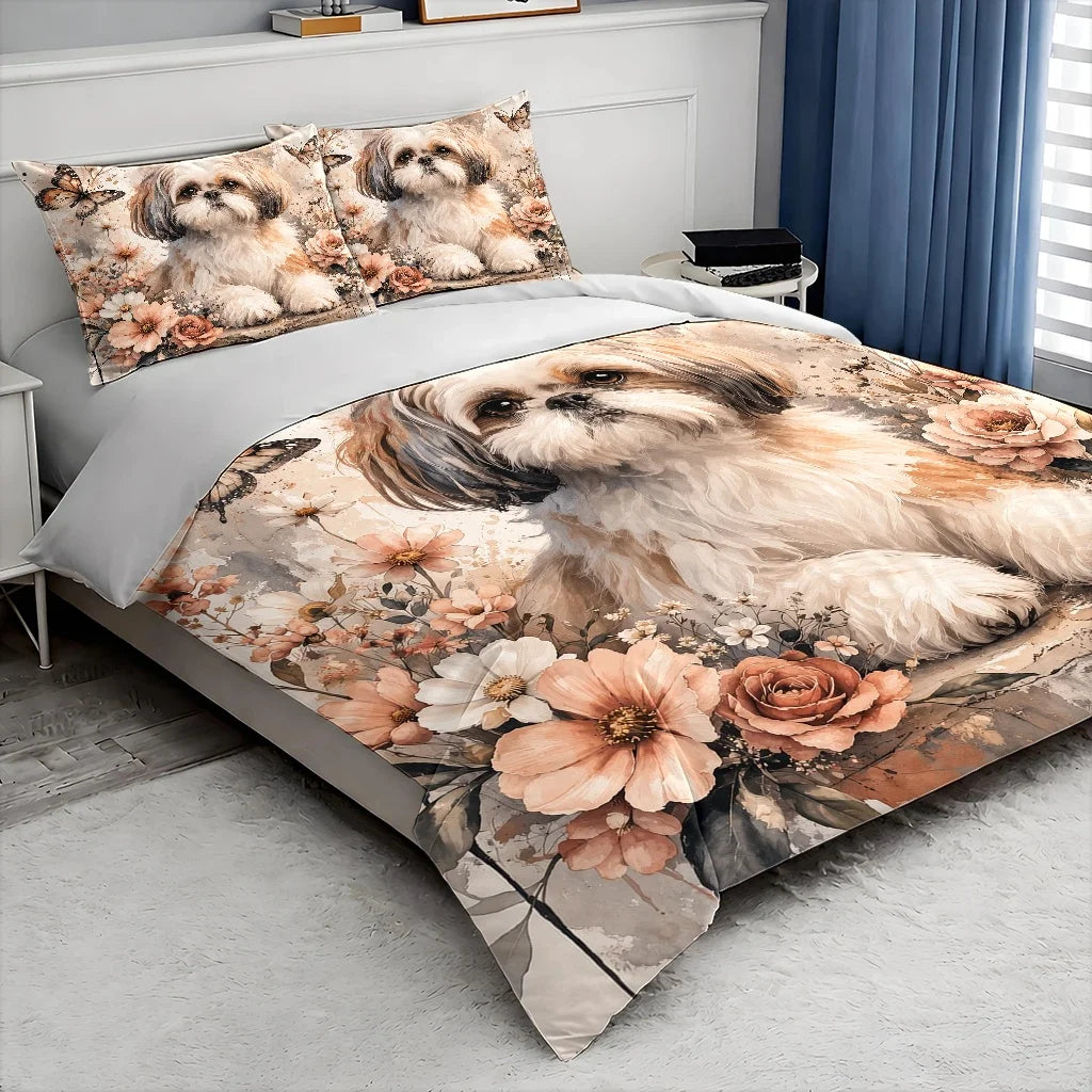 ensemble literie floral chien shih tzu papillons taies oreiller housse couette beige blanc moderne