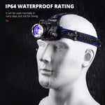 lampe frontale led noir bleu rayures diagonales modes ip64 waterproof adjustable