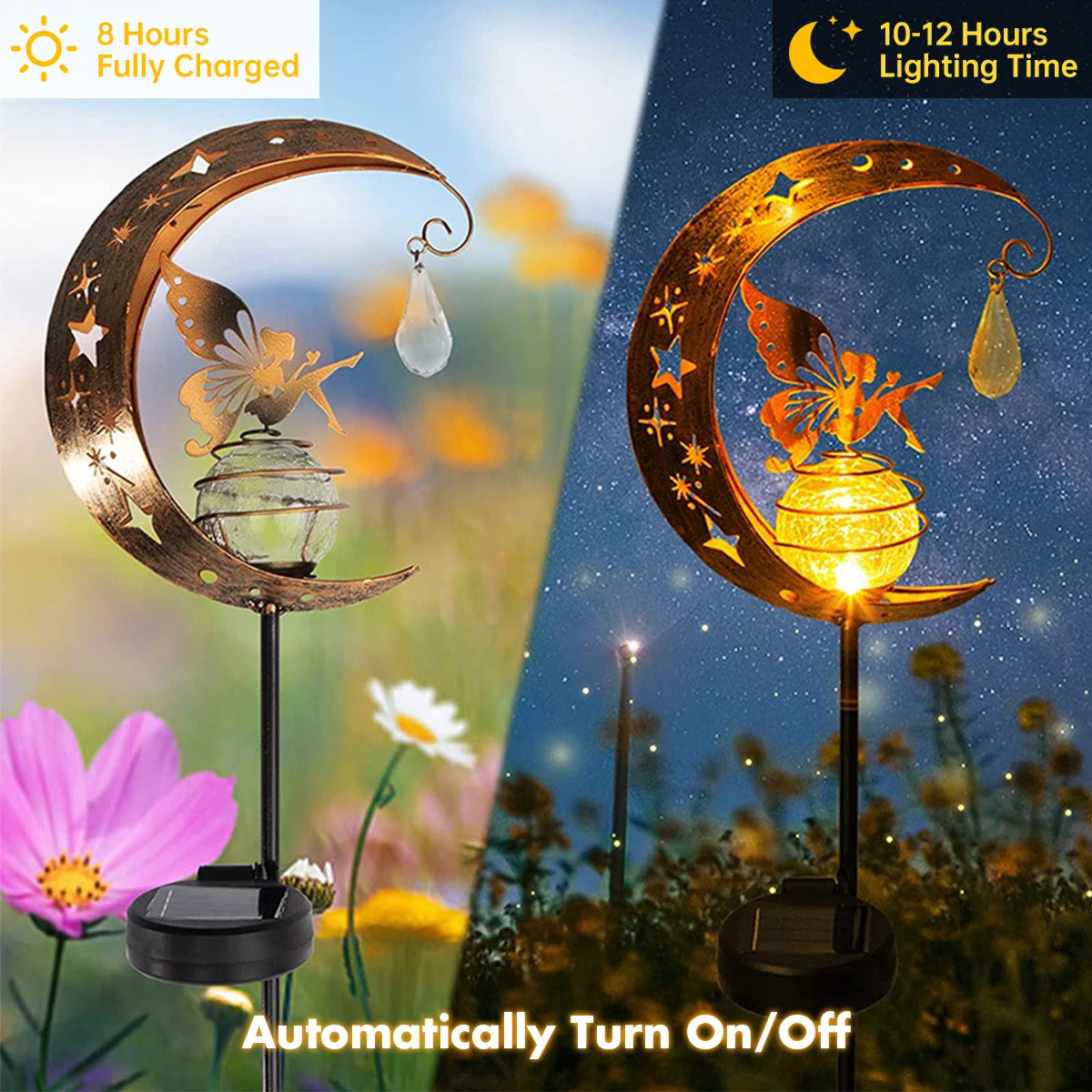 lampe solaire décorative artisanale moderne papillon étoiles cristal transparent verre opacité piquet métalliqueextérieur doré