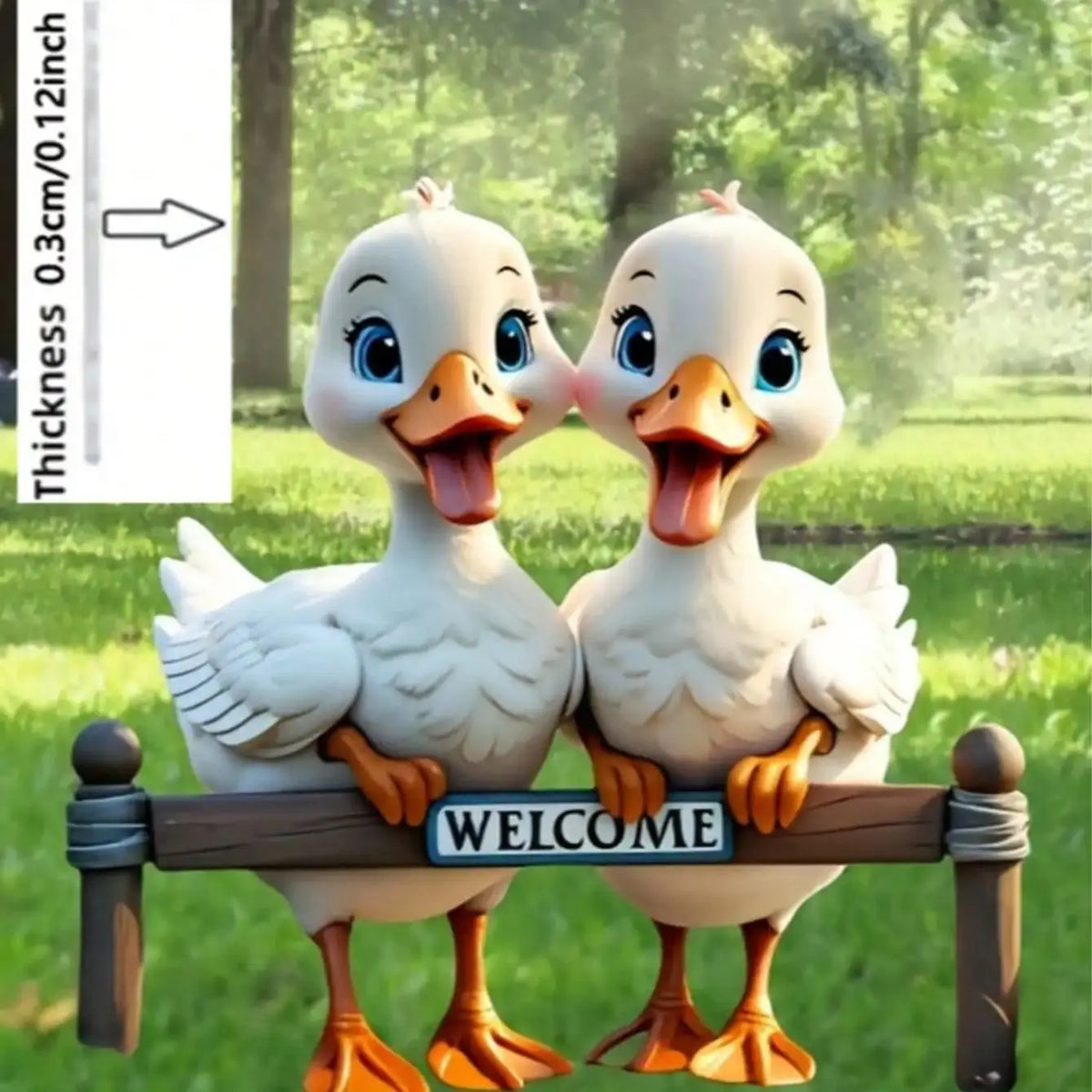 statue decorative cartoon canard blanc orange gris yeux brillants plaque welcomeextérieur jardin decoration