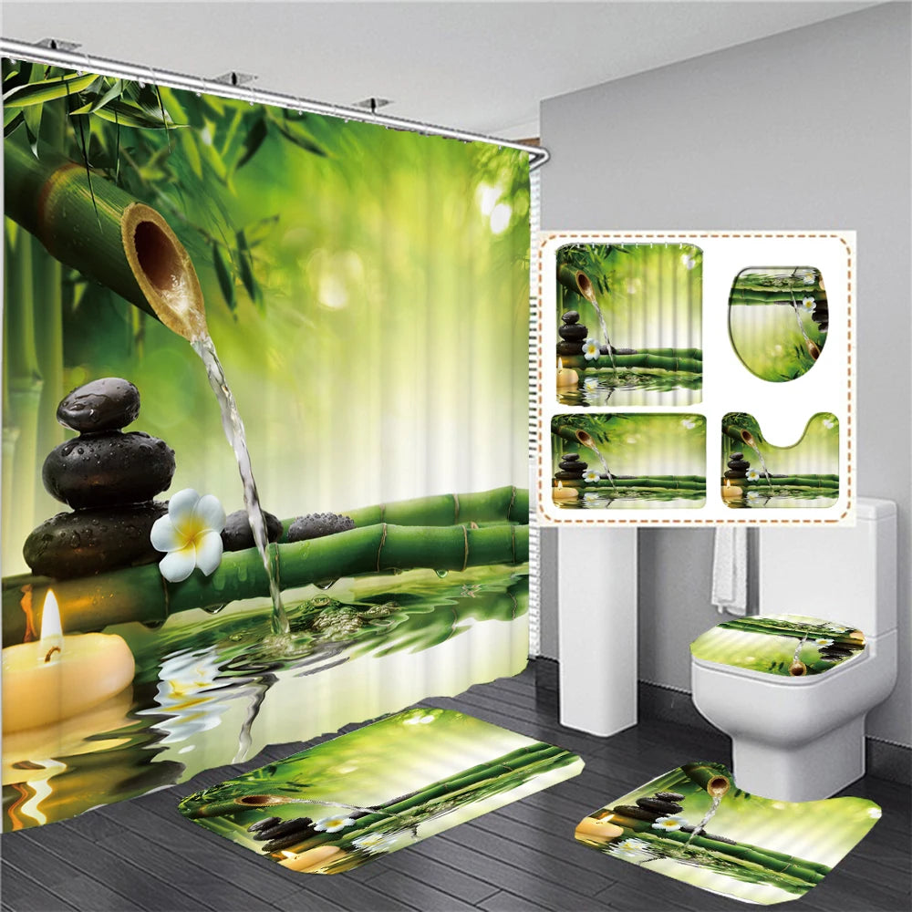 tapis bain antidérapants rideau douche bambou motifs naturels thème zen moderne vert blanc rose