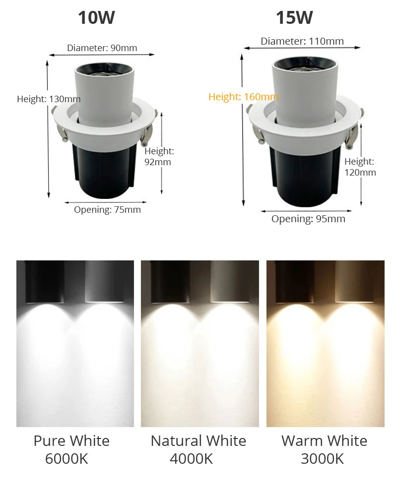 Spot LED réglable 10W 15W blanc noir moderne clips inclusion