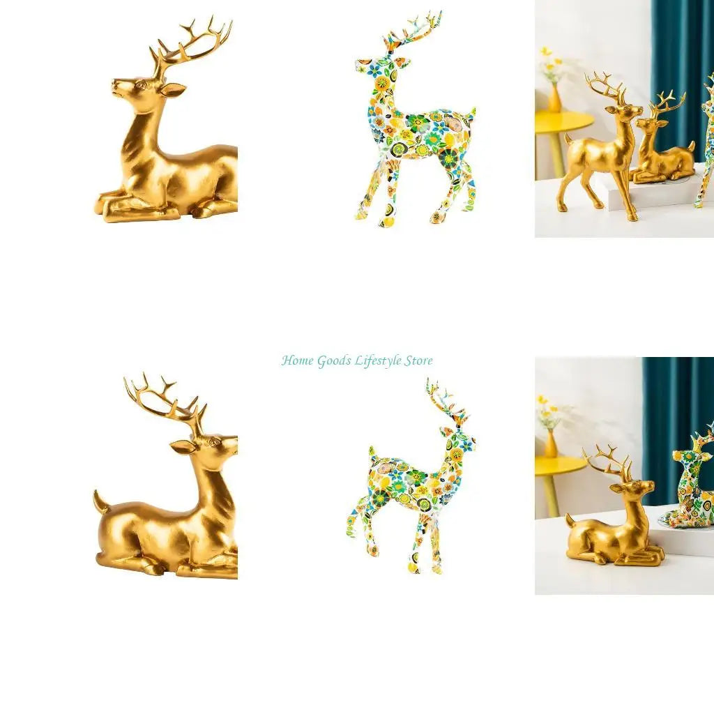 statue cerf doré résine moderne or floral décoration intérieure brillante élégante festive amour