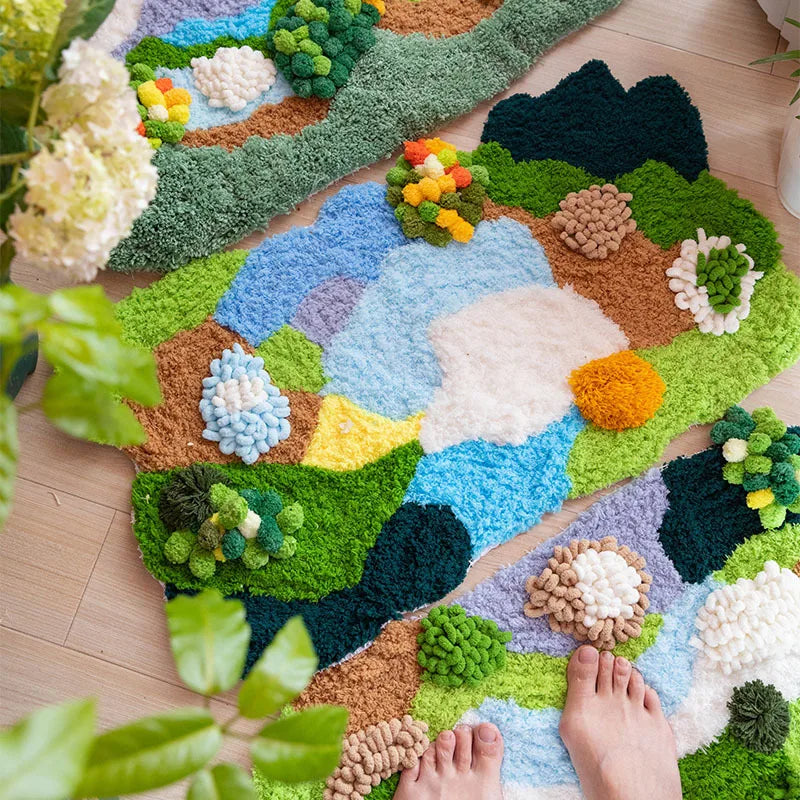 Tapis texturé aux couleurs vives et aux formes naturelles, créant une représentation colorée et imaginative d'un paysage.