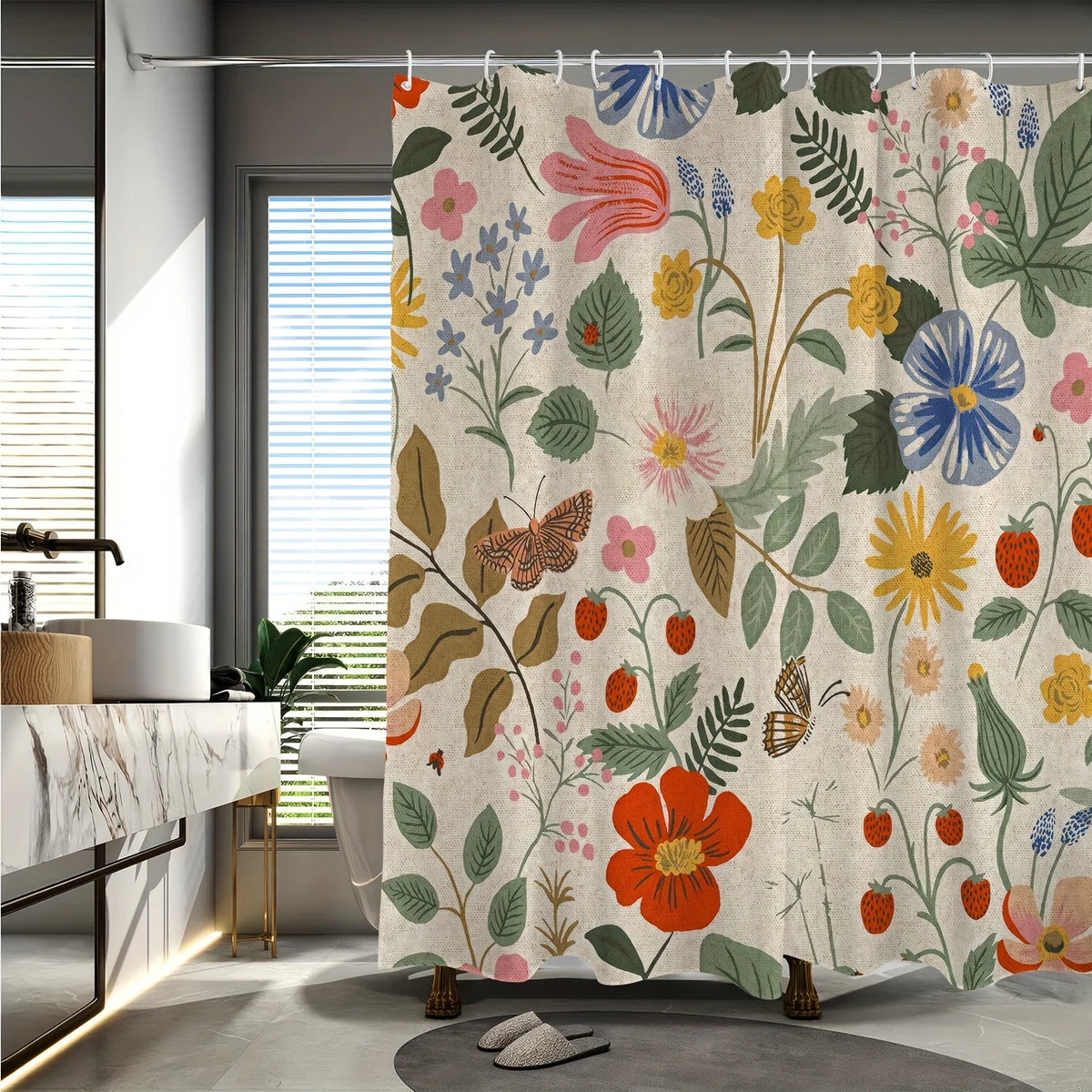 rideau douche floral imprimé papillons couleurs vives polyester respectueux environnement dimensions 180x180cm