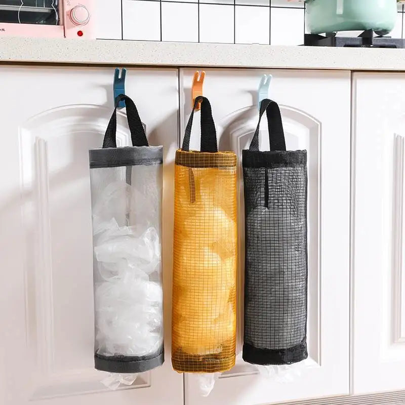 sacs rangement réutilisables polyester maille grossière accroche mur porte noir gris jaune semi transparent