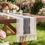 chemin table bohème crocheté géométrique beige rustique tassel intérieur extérieur printemps été