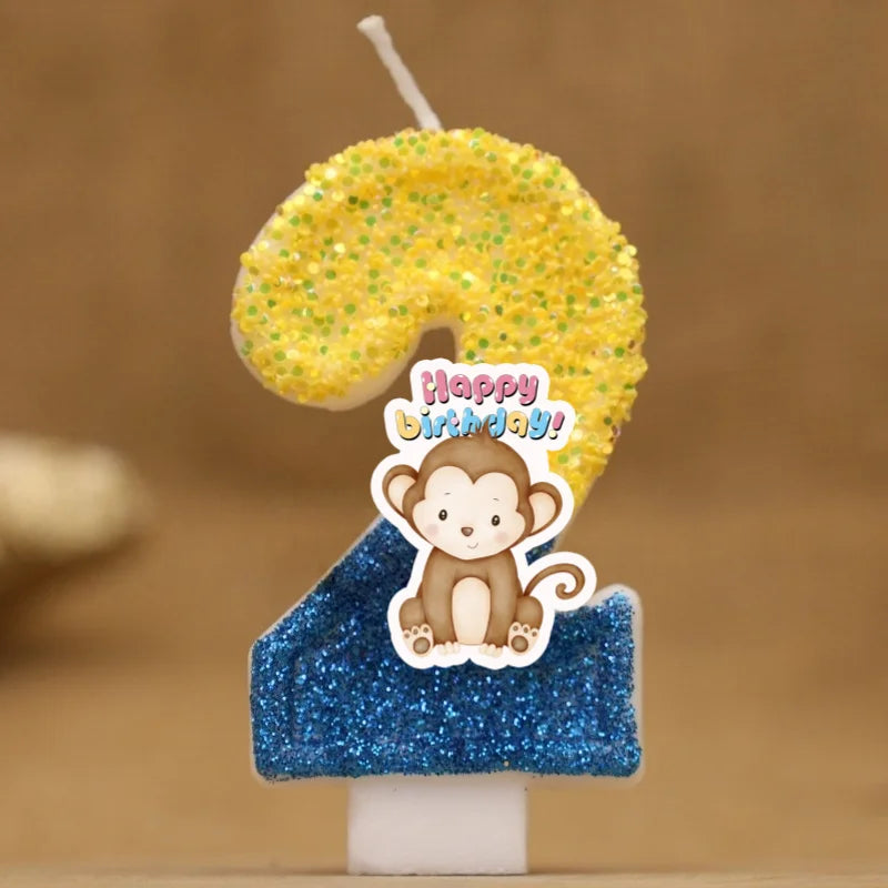 bougies anniversaire animaux singe pailletées chiffres decoration gâteau enfants festive