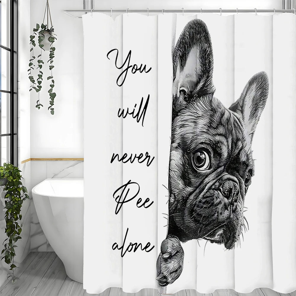 rideau douche humoristique chien texte salle bain opaque anneaux métalliques polyester moderne blanc noir