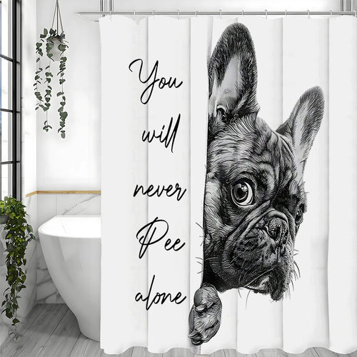 rideau douche humoristique chien texte salle bain opaque anneaux métalliques polyester moderne blanc noir