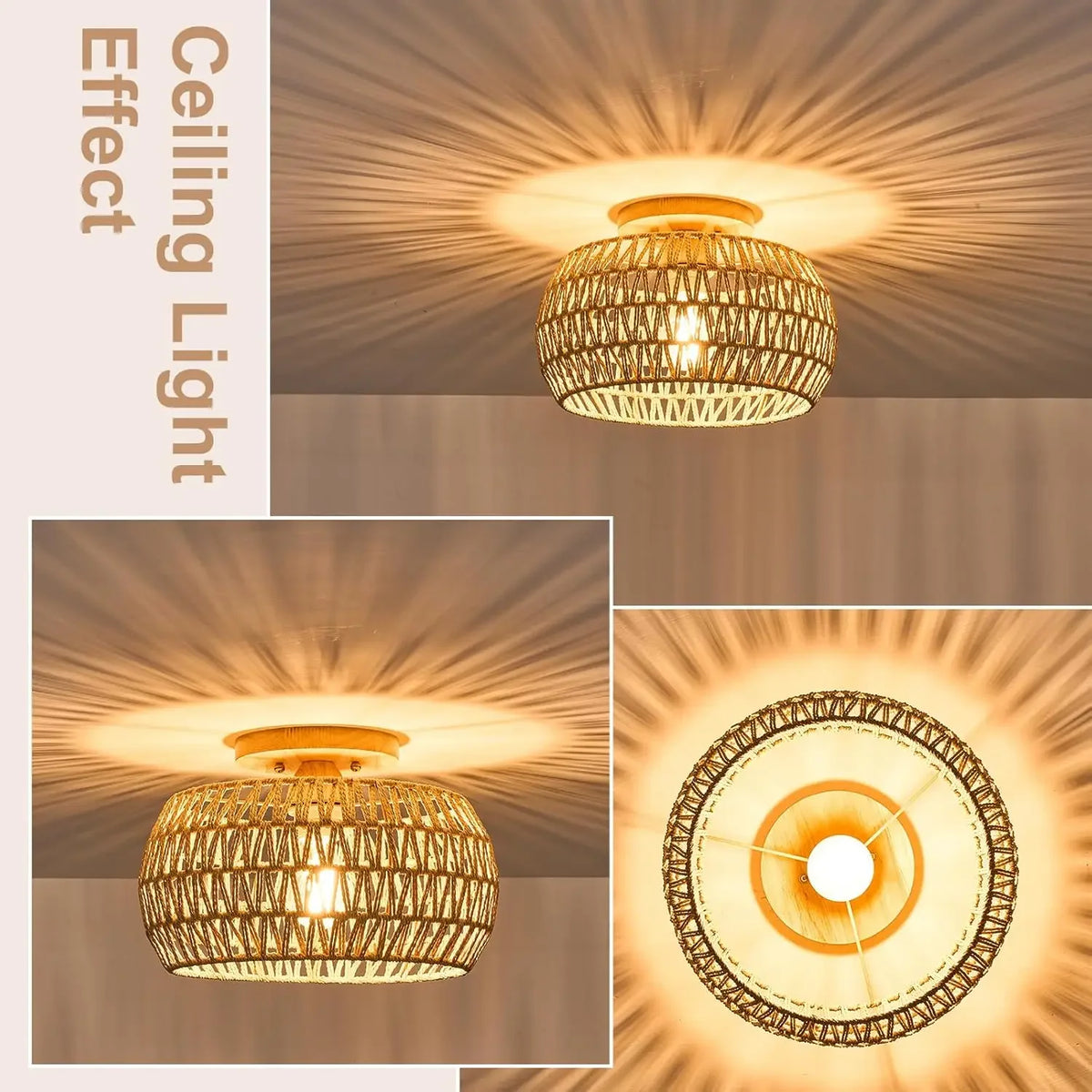 lampe moderne rustique rotin tressé naturel noir fixée sans ampoule