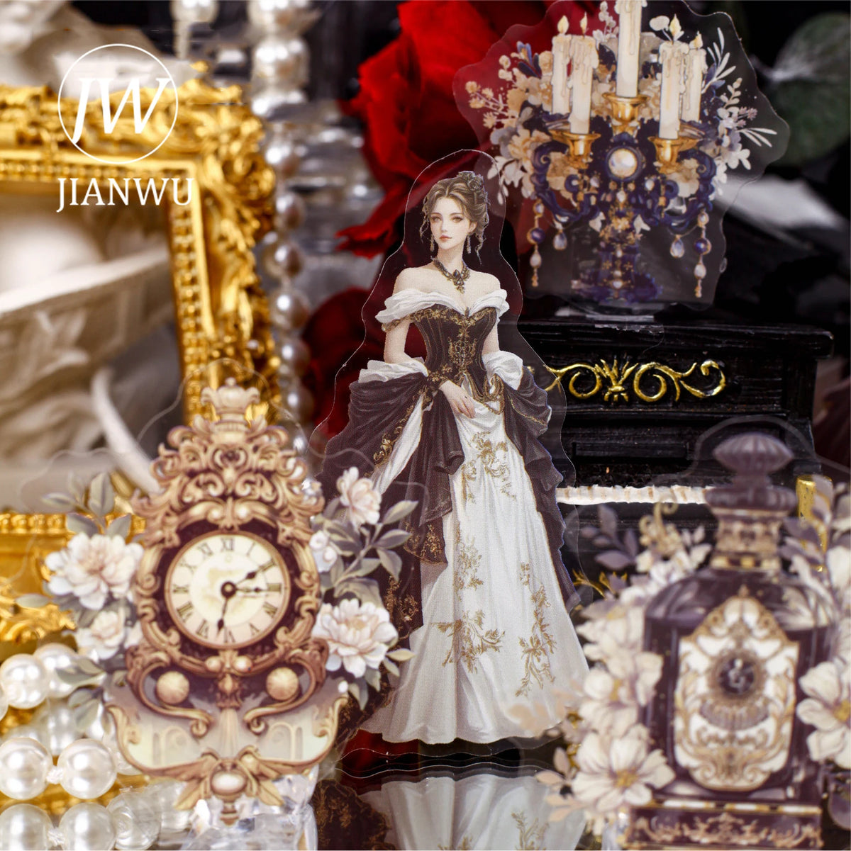 stickers décoratifs rococo baroque vintage femmes robes d'époque floral bougeoirs horloges miroirs roses adhésifs
