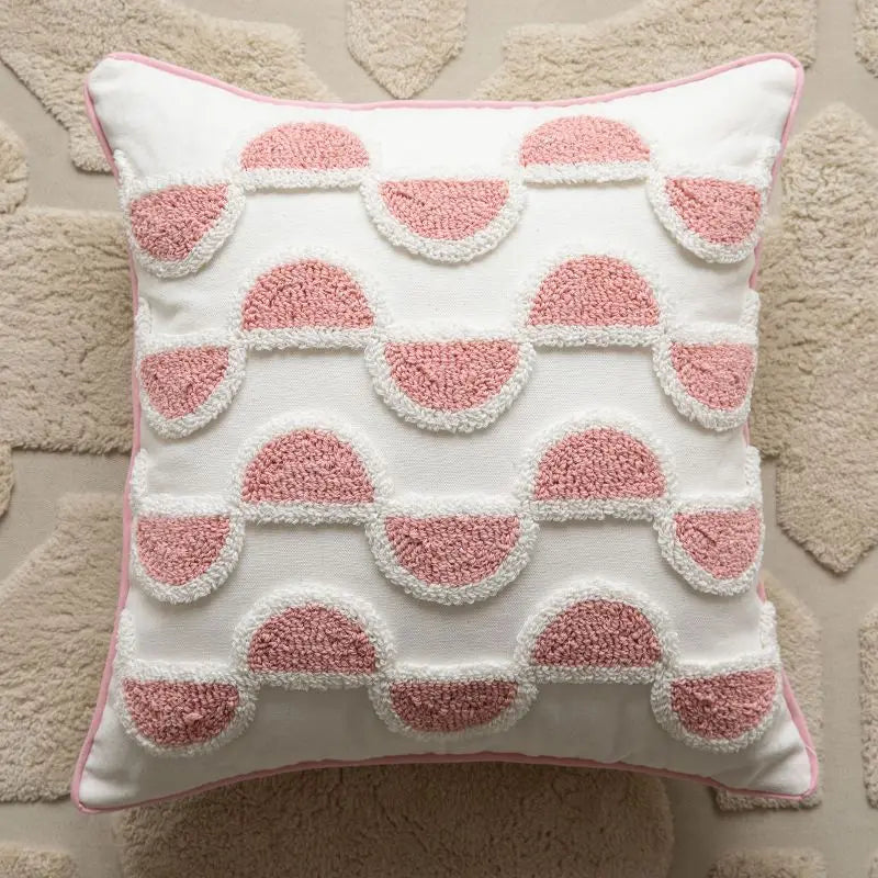 taie d'oreiller carrée brodée cœur géométrique 100% polyester blanc rose décoration maison boho chic