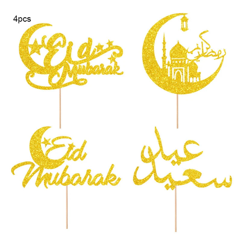 décoration gâteau or argent étoiles lune écriture cursive pique bois fête İslam festive