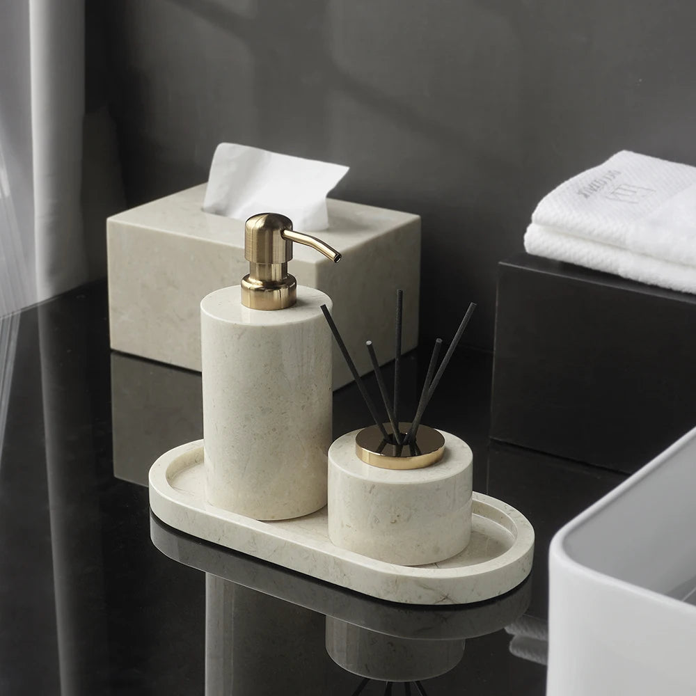 ensemble salle bain marbre blanc doré plateau distributeur savon accessoires