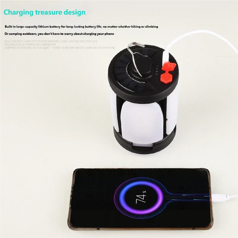 lampe camping rechargeable usb noire blanche crochet métallique bouton rouge moderne pratique