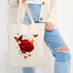 sac main toile imprimé floral rose rouge papillons beige clair réutilisable respectueux environnement poignées
