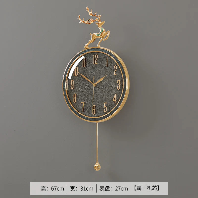 horloge murale moderne or bleu cerf décoration festive salon round métal doré