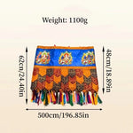 rideau décoration bouddhiste brodé motifs religieux couleurs bleu marron orange vert clips franges multicolores
