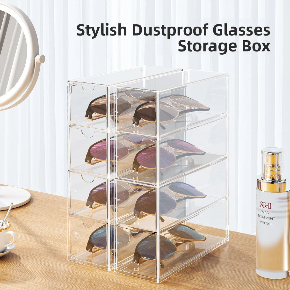 boîte rangement lunettes transparente moderne minimaliste tiroirs anti poussière organisateur papeterie poignées