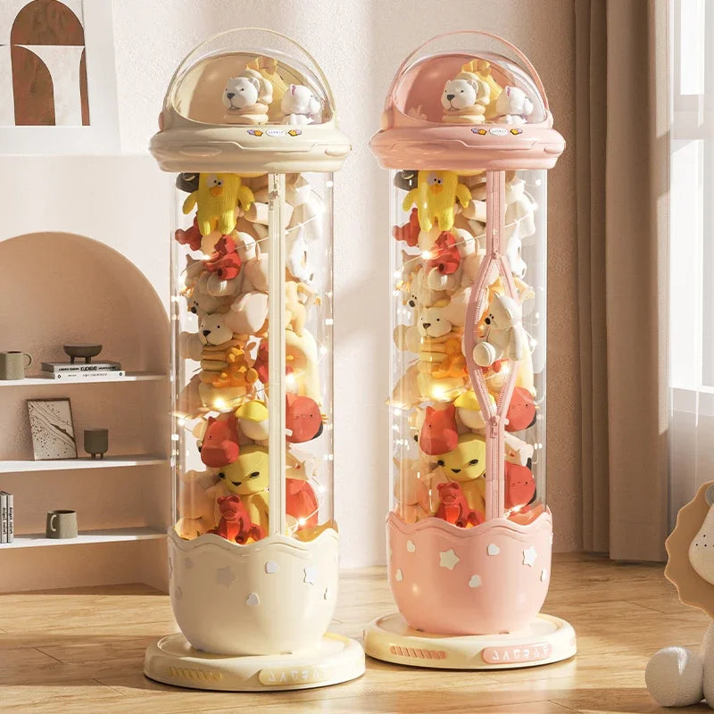 rangement jouets transparent capsule pliable moderne étoiles beige rose figurines poignée
