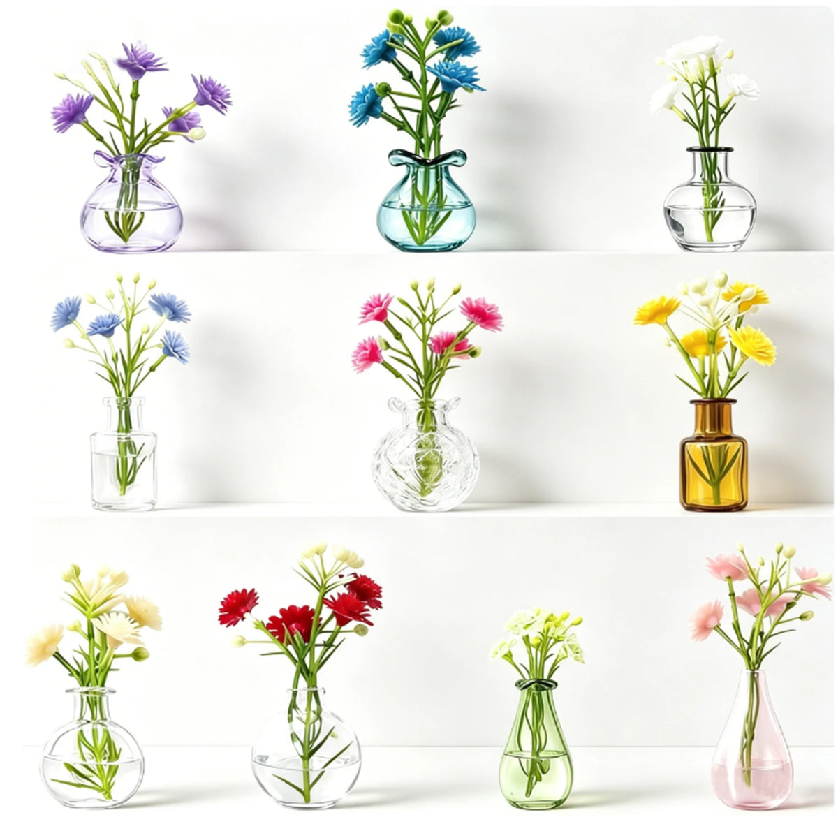 aimants decoratifs mini vases fleurs artificielles differentes couleurs transparentes champetre refrigerateur