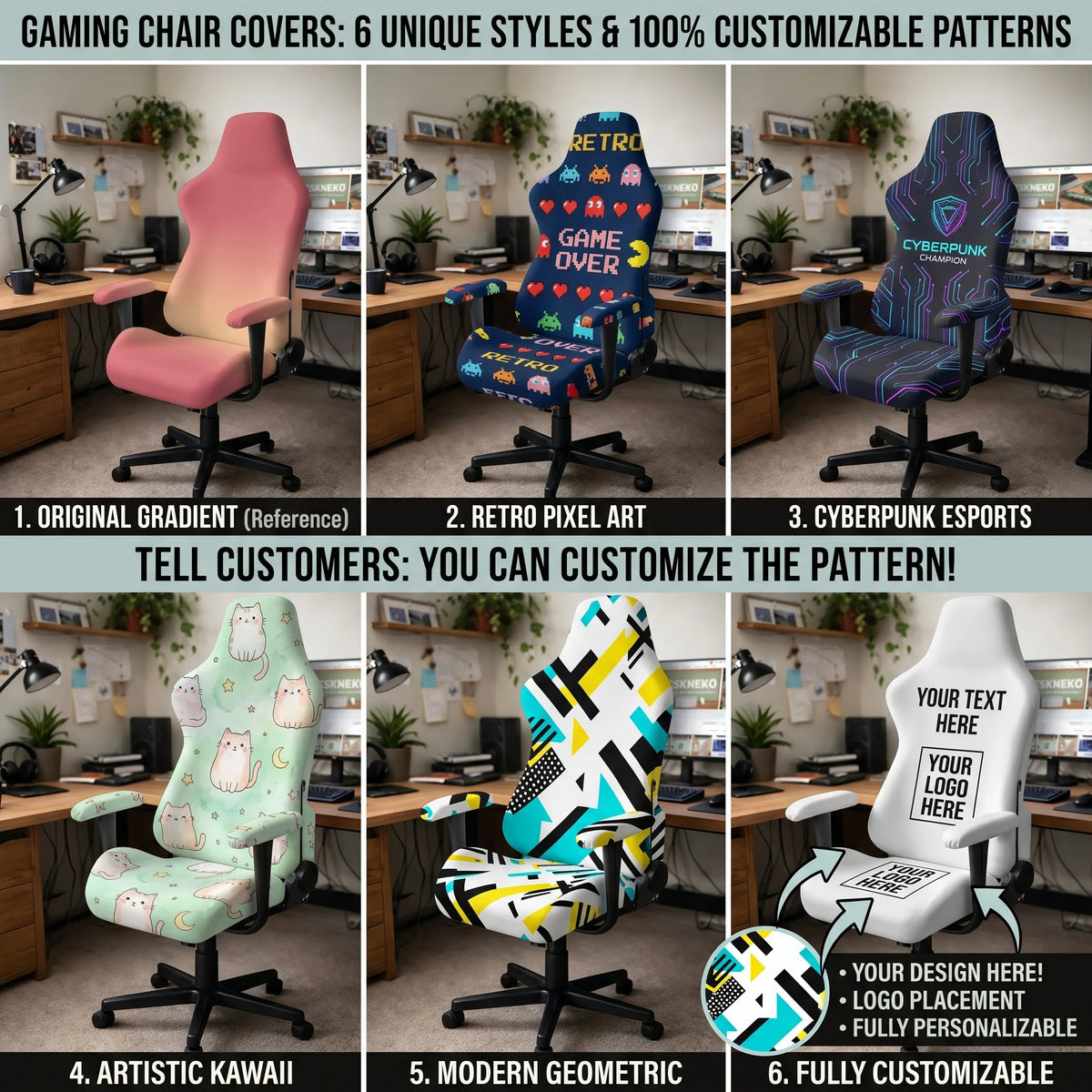housse chaise jeu moderne bleu noir rayures ondulées imperméable anti rayures extensible esports