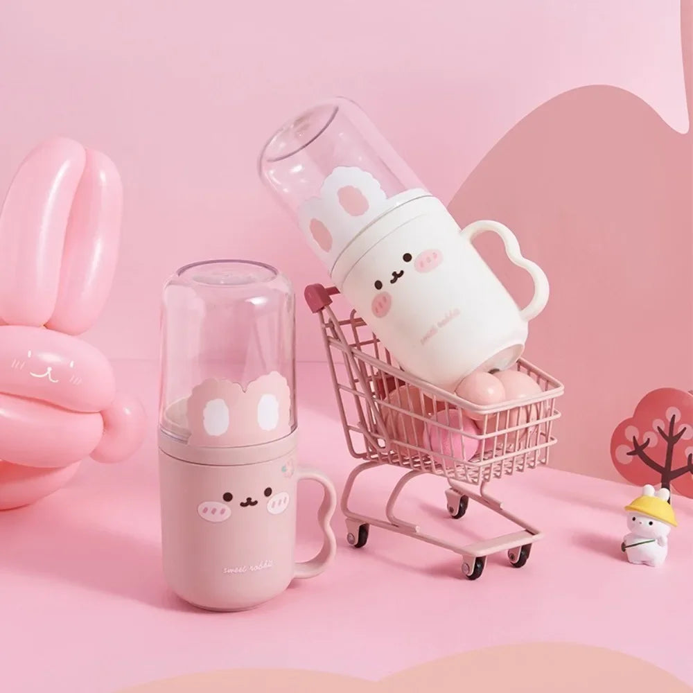 tasse dents dessin animé rose blanche oreilles lapin réutilisable moderne enfantine poignée transparente