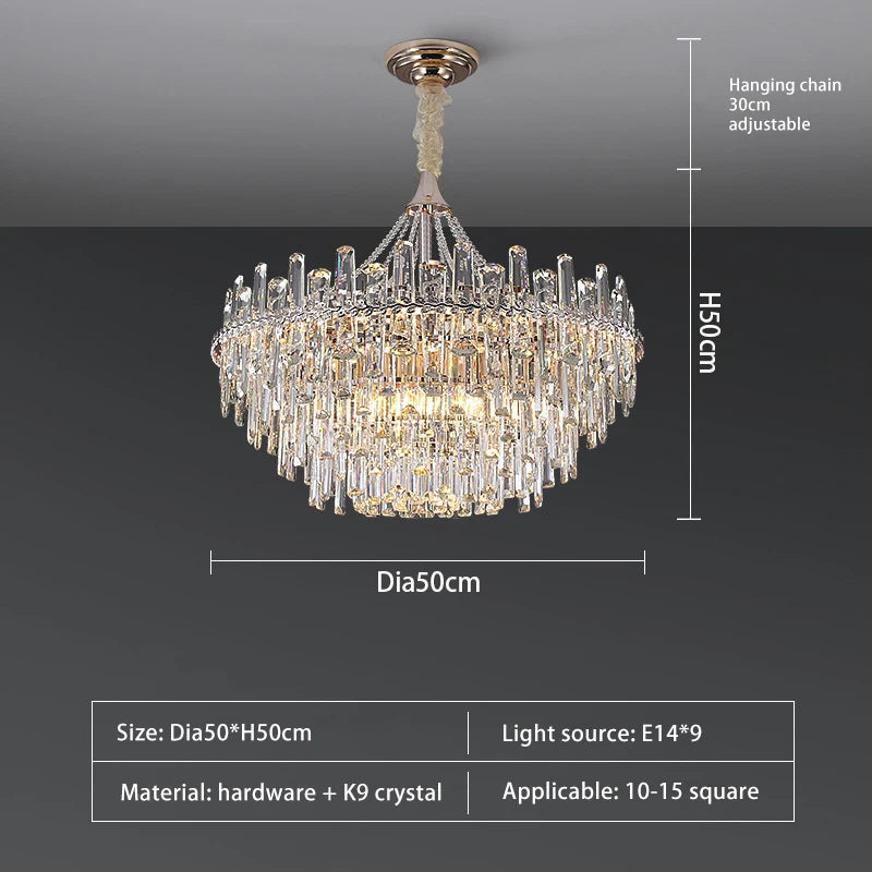 lustre pendentif cristal transparent feuilles dorées salon étude classique 2000 82000lm 90 260v