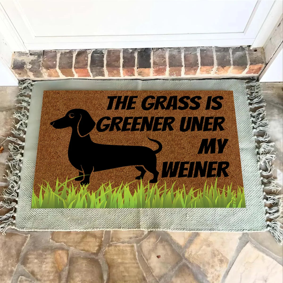 tapis d'entrée caoutchouc imperméable antidérapant silhouette chien humour herbe verte extérieur indoor