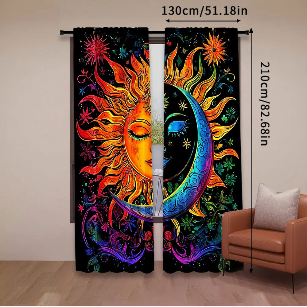 rideau motif soleil lune abstrait pièces polyester noir orange rouge bleu opacité coloré