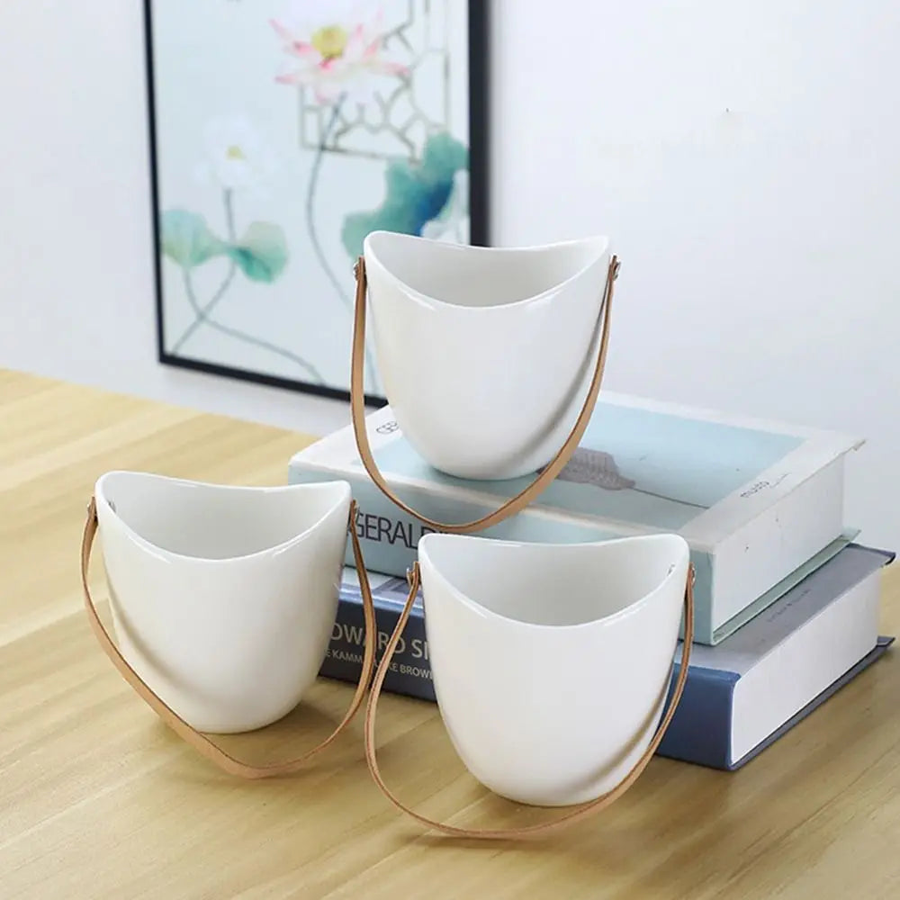 pots fleurs suspendus blanc modernes sangles simili cuir plantes succulentes minimaliste