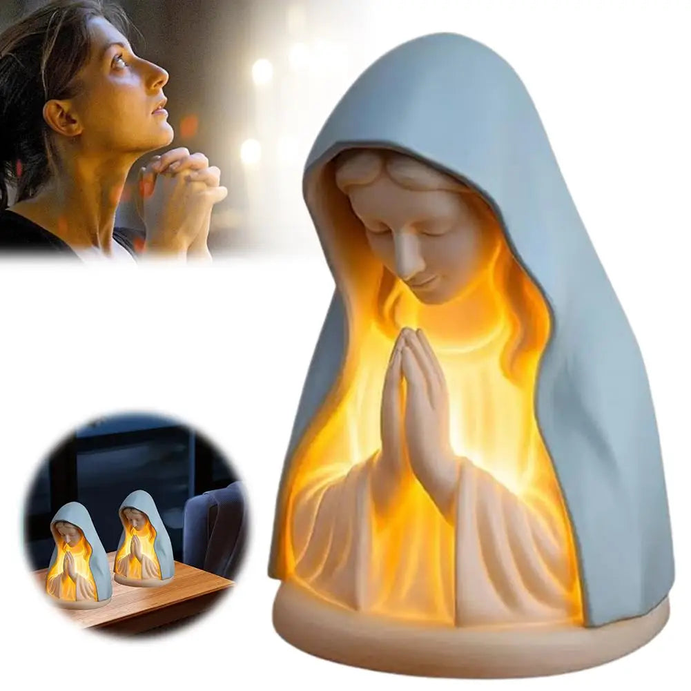 statue vierge marie prière lumière bleu blanc décor religieux table meuble bibliques bougies croix