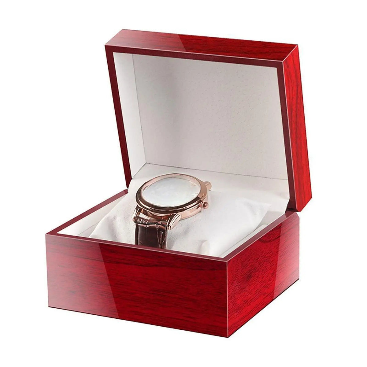 boîte rangement montre bois rouge velours blanc compartiment unique protection élégante sophistiquée sécurité decoration