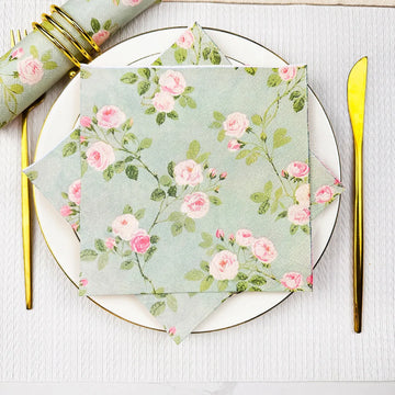 serviettes papier fleur roses vert menthe rose blanc doré printemps été mariage anniversaire table