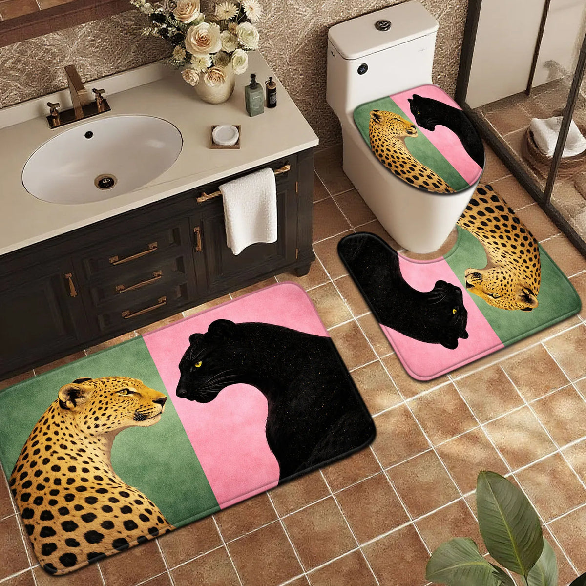 tapis bain anti dérapants léopard vert rose noir moderne respectueux environnement pièces