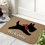 tapis d'entrée moderne motif chien noir écharpe rouge fond beige antidérapant polyester