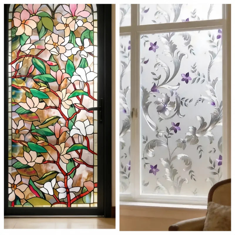 film décoratif fleurs feuilles art nouveau adhésif opaque multicolore vert blanc rose rouge beige