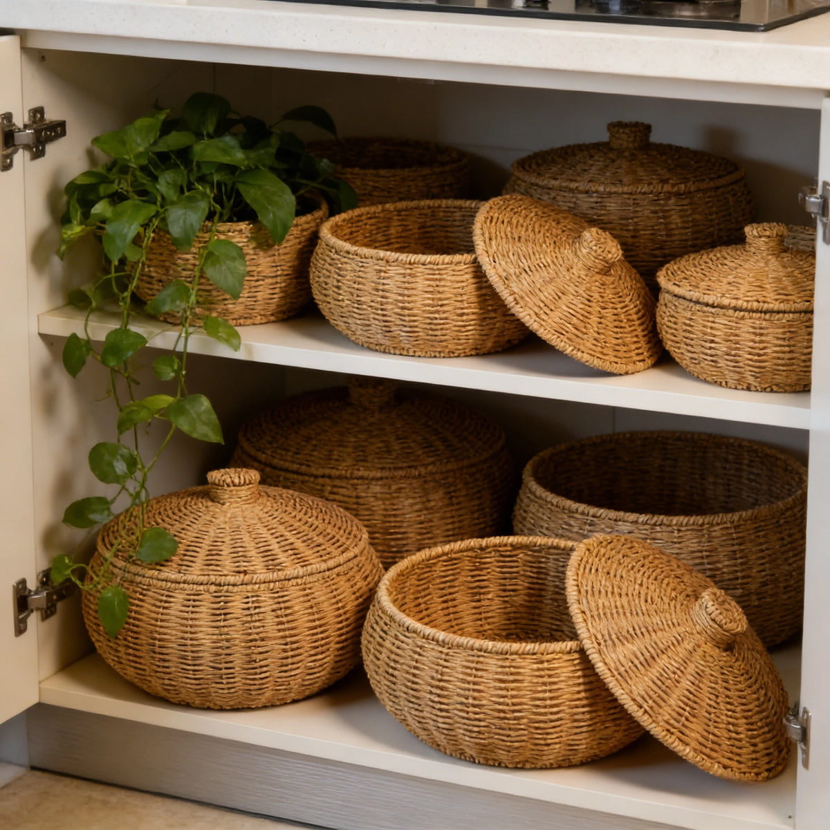 panier tressé marron clair couvercle rangement fruits légumes pain fromage rustic traditionnel cuisine