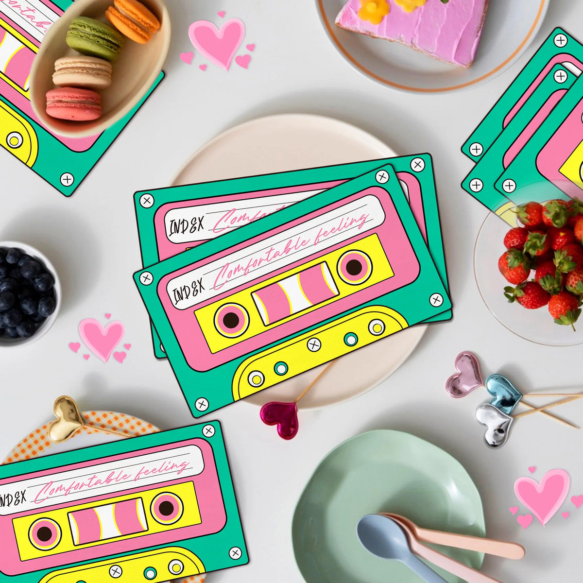 serviettes papier jetables vintage cassette audio rose vert anniversaire fête disco années 80 90